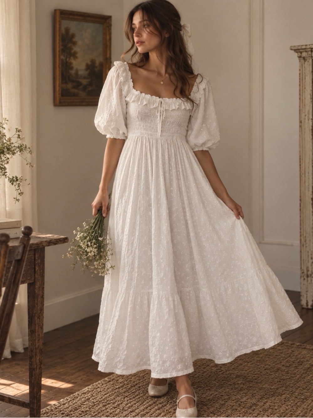 Milkmaid White Maxi Dress Praire Romantic Coquette Dollette Empire Waist Smocked